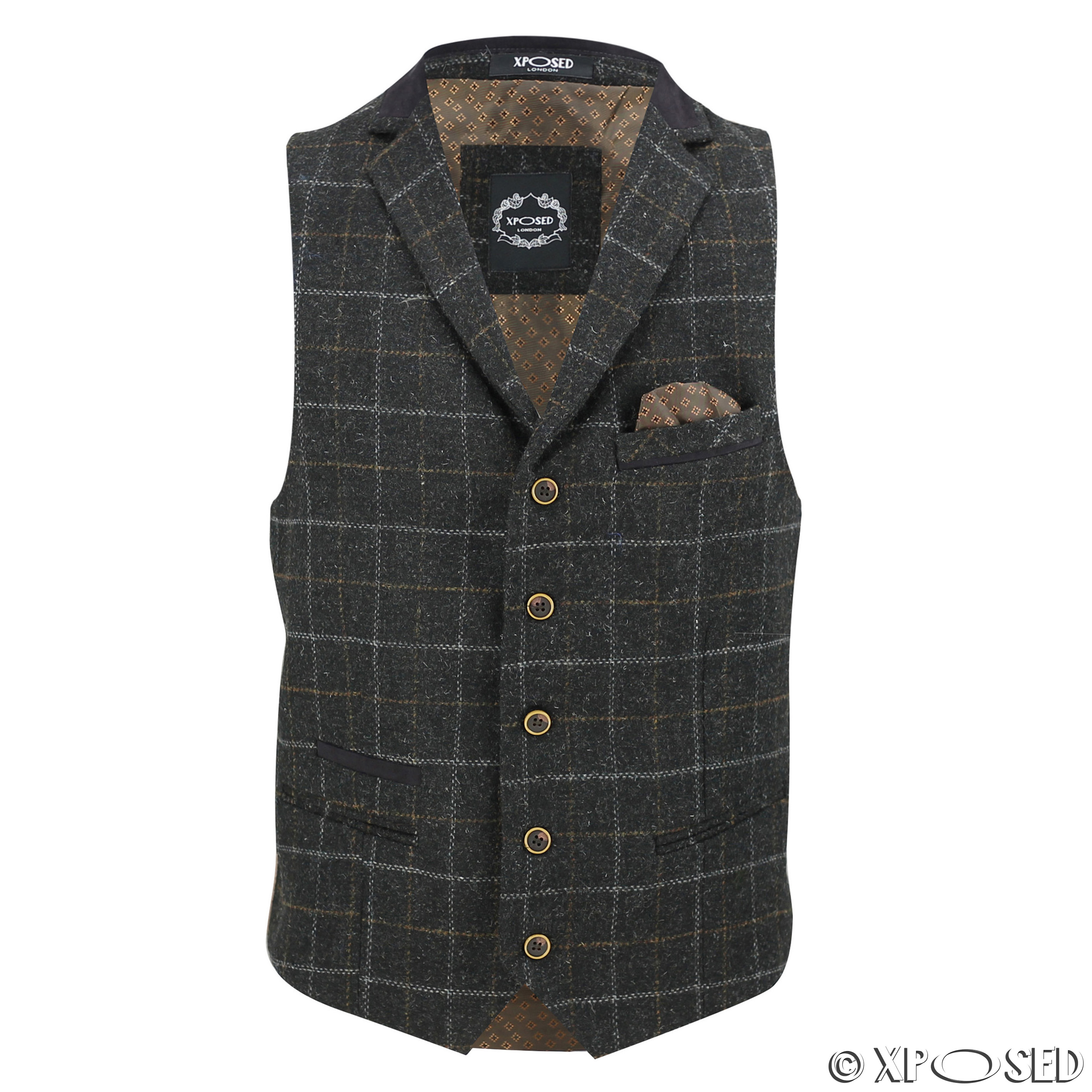 Mens Wool Mix Herringbone Tweed Check Vintage Collar Waistcoat Tailored ...